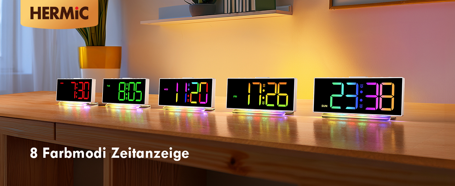 Цифровий LED будильник з RGB нічним підсвічуванням (7 кольорів), мережевий будильник з 2 сигналами, функцією Snooze, регулюванням гучності та яскравості, 12/24г, білий