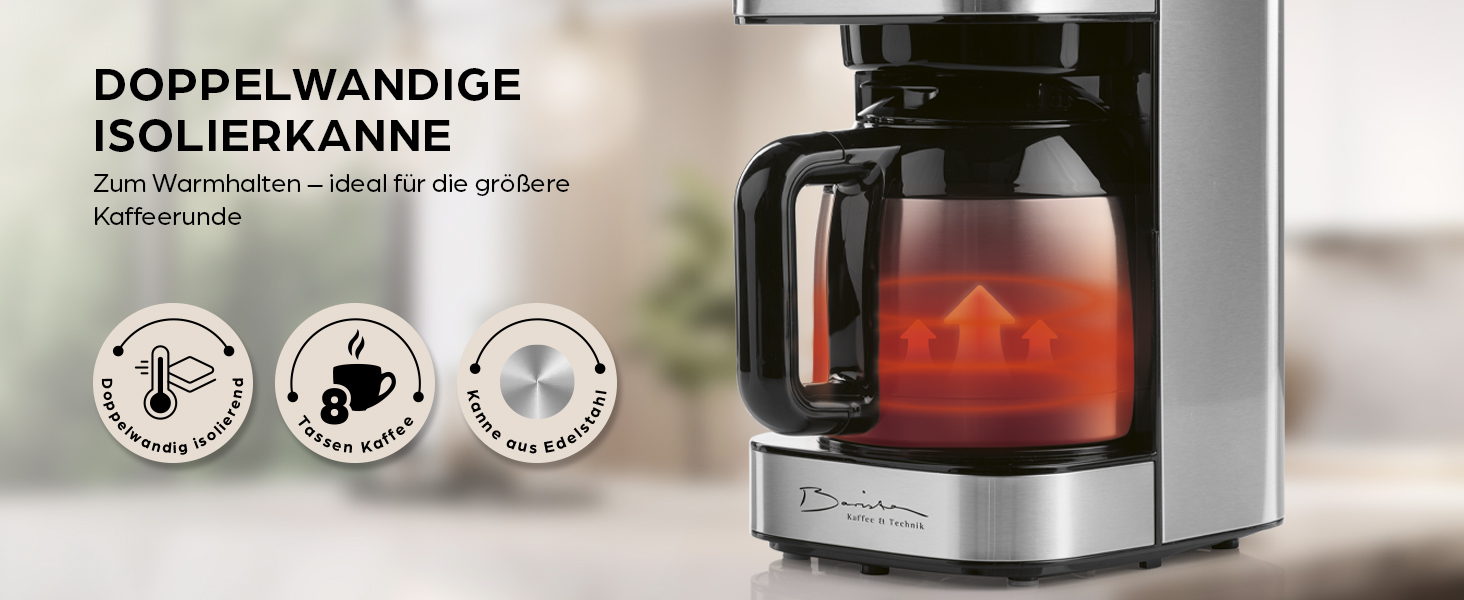 Кавомашина Barista Filterkaffeemaschine з термоканавою, таймер 24 год, постійний фільтр, для 8 чашок кави, для кавової гущі [з нержавіючої сталі] 2) Термокана з нержавіючої сталі