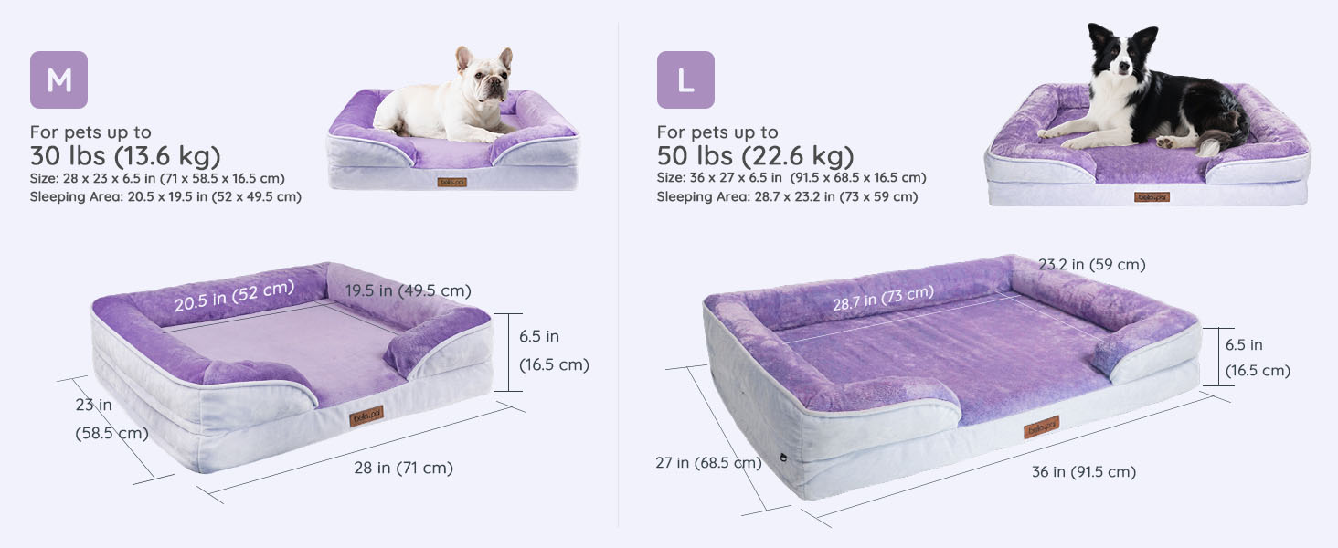 Ортопедичне ліжко для собак BELLA & PAL, 71x59 см. Зручне ліжко-софа для маленьких та середніх собак. Без монтажу, піна з ефектом пам'яті, водовідштовхувальний вкладиш, фланелевий знімний чохол, антиковзаюче дно. Розміри: 91.5 x 68.5 x 16.5 см, фіолетовий колір