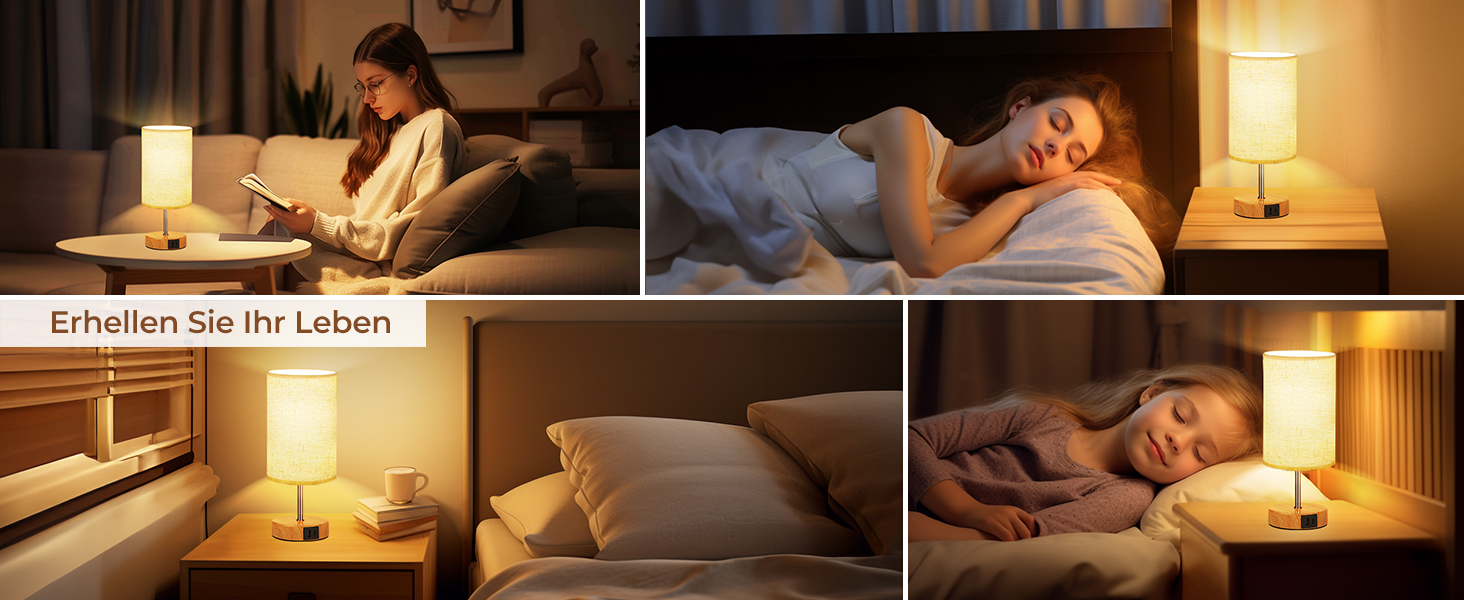 Настільна лампа Suright з торшером, сенсорне керування, диммування, USB A+C, тканинний абажур, дерев'яний цоколь, для спальні/вітальні (LED, 1 шт.) - бежева