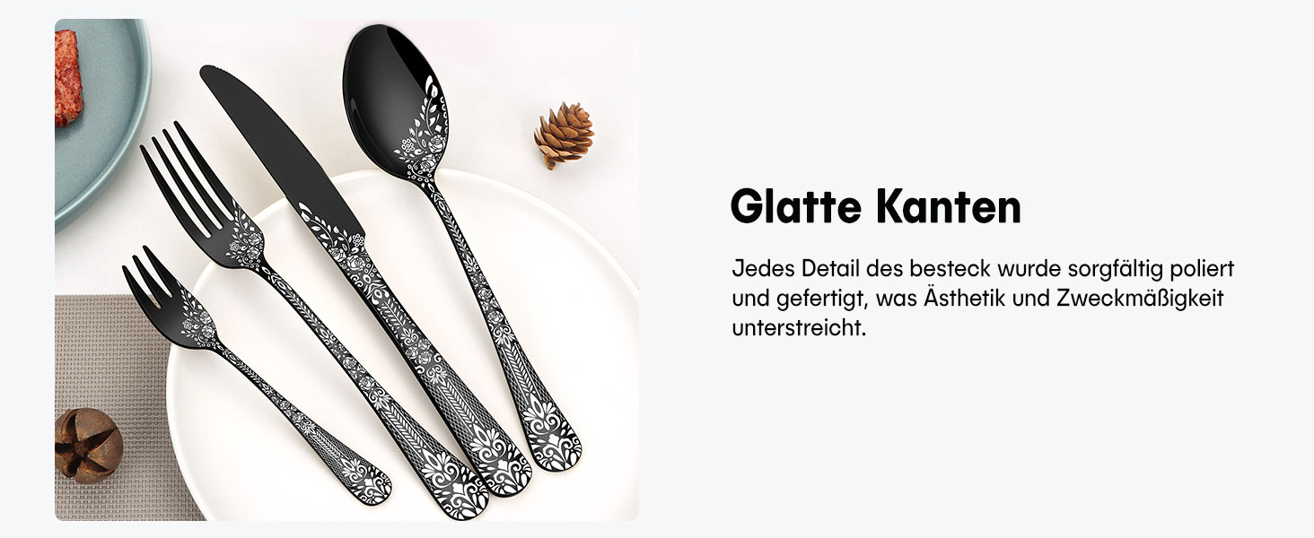 Набір столових приборів на 6 осіб HONKKU, нержавіюча сталь, з ножами для стейку, миючий посуду, з квітковим візерунком (30 предметів, золотий)