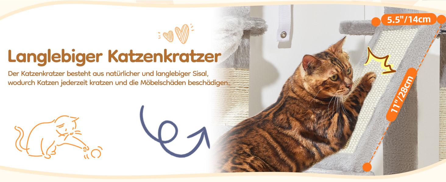 Котячий будиночок Taoqimiao з когтеточкою, 98 см, сірий. Когтеточка для котів, кігтеточка-дерево з будиночком, кошиком, 4 когтеточками та іграшками. MS029SW