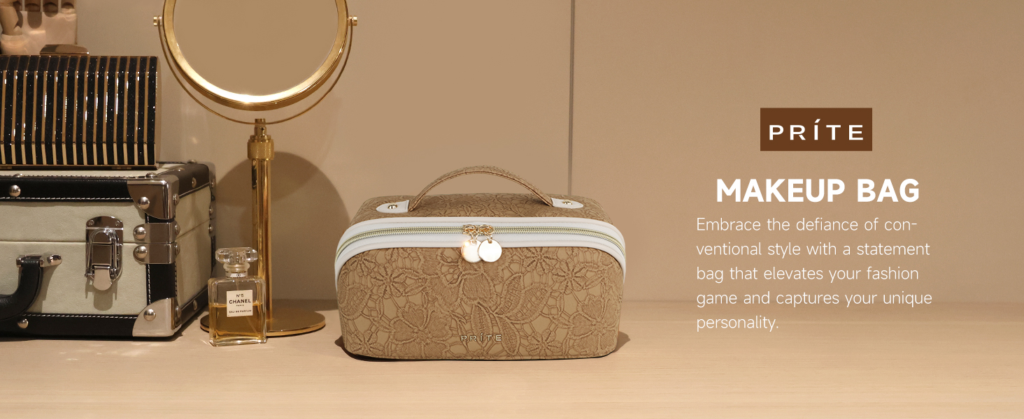 Косметичка велика містка для подорожей, водонепроникна з PU-шкіри, з прозорими перегородками та ручкою (M, Коричнева квітка)