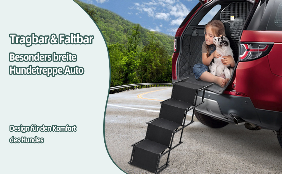 Folding Dog Ramp for Cars - 4 Step Pet Staircase, Up to 80kg, Black - Gentle on Joints