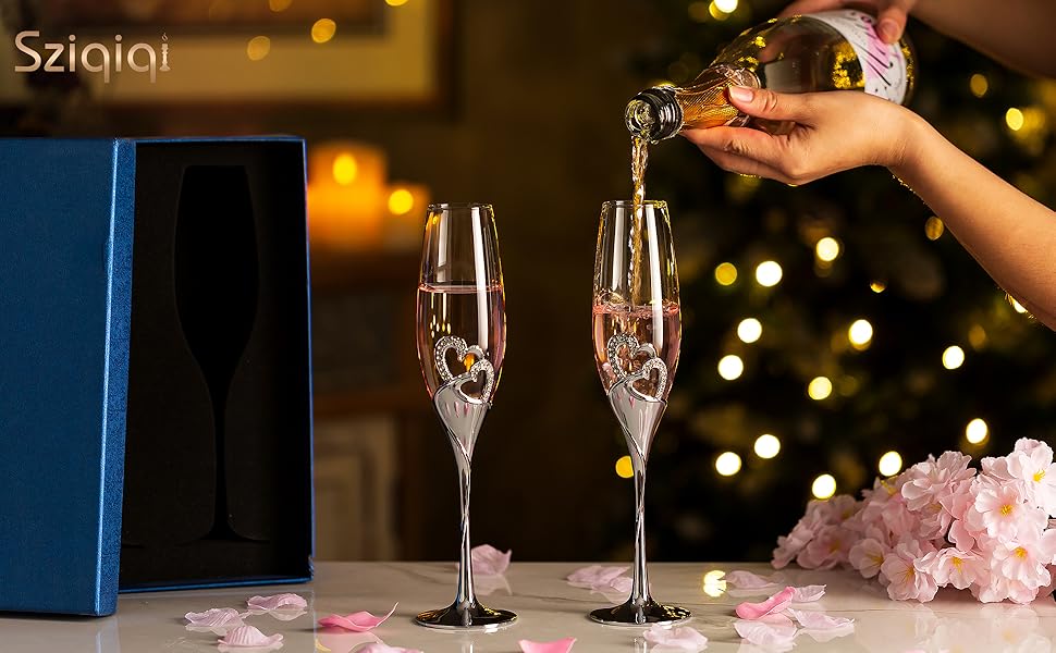 Набір з 2 келихів для шампанського Sziqiqi з кристалами у формі серця, срібного кольору. Келихи для весілля, романтичний подарунок, декор для дому.