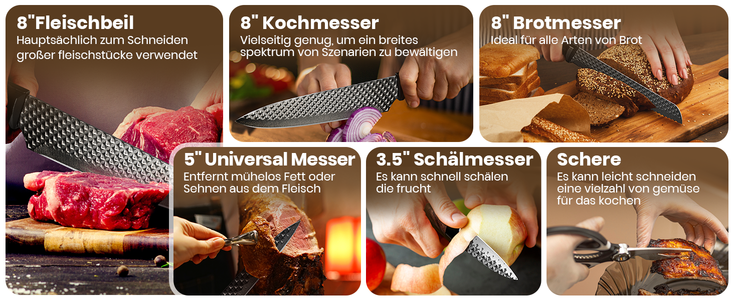 Набір ножів Messerblock Set, 7 предметів: професійний кухонний набір з блоком, з високоякісної нержавіючої сталі та ергономічними ручками, для дому. Чорний колір.