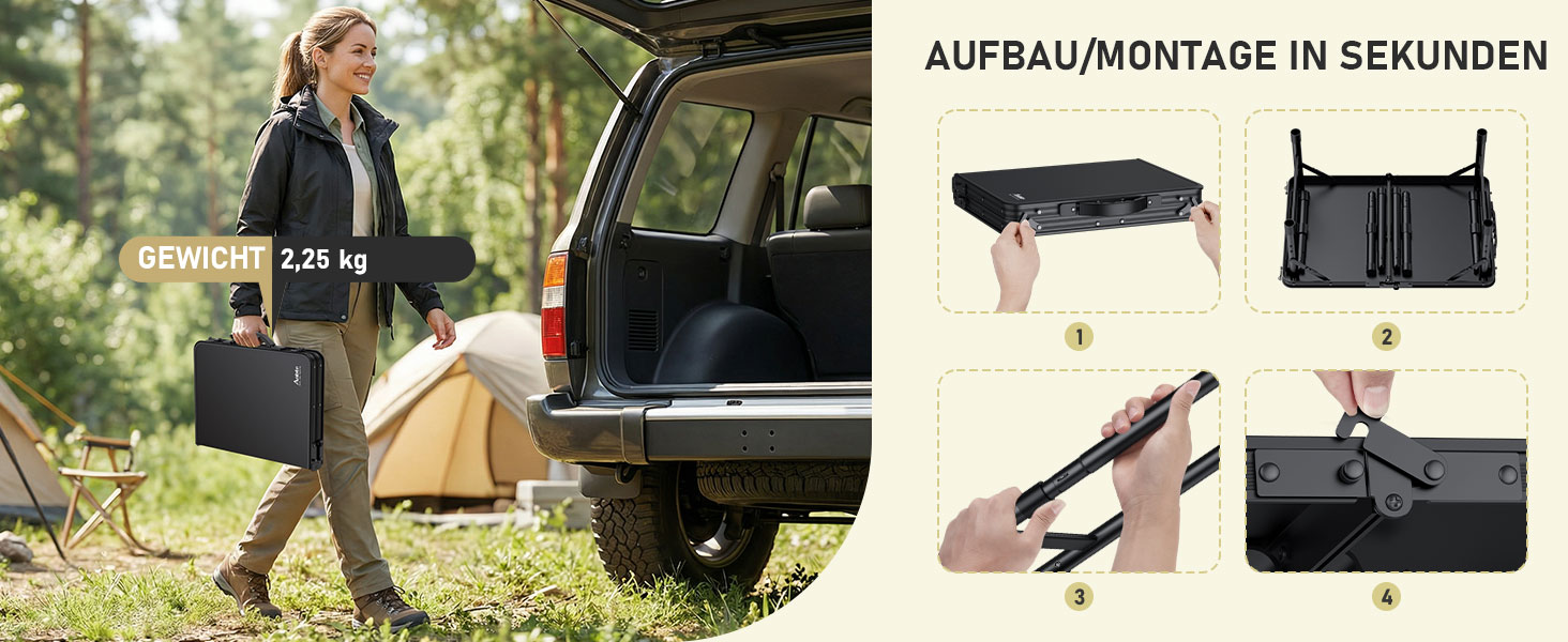 Складний кемпінговий стіл Anbte 58x40 см, алюмінієвий каркас, чорний пластиковий стіл з регульованою висотою (26/48/70 см) для пікніка, саду, балкону з сіткою для зберігання