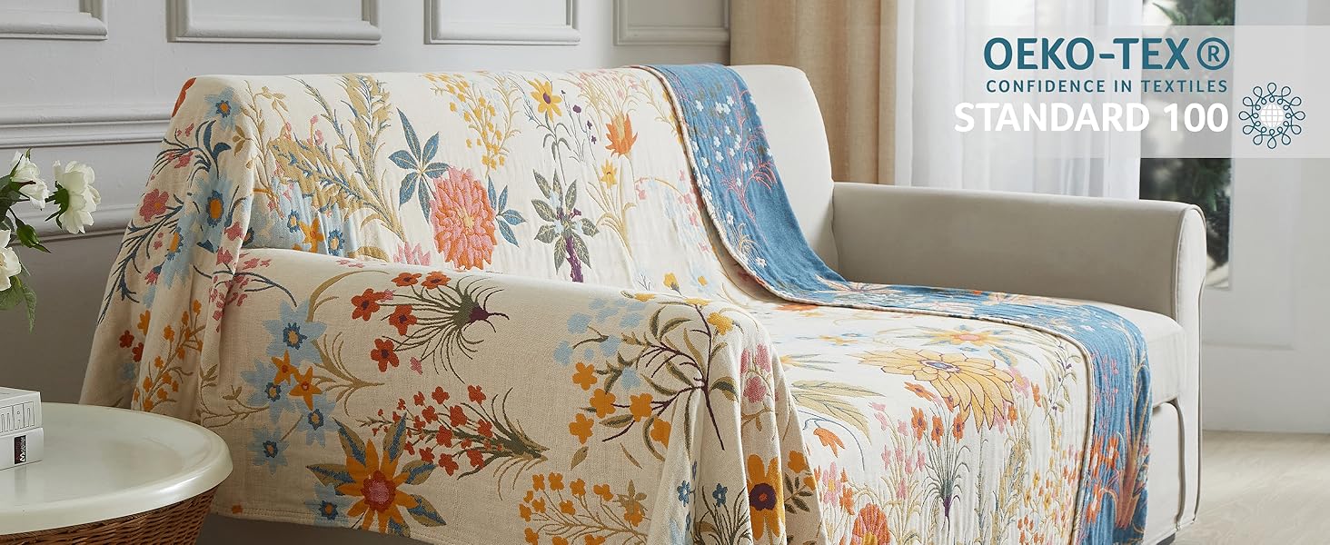 Богемна ковдра Boho 100% бавовна, м'яка ковдра з мусліну, плед 150x200 см, ковдра на диван та ліжко, декоративна ковдра, літня ковдра для вітальні, зелено-бежева (200 x 230 см, квітковий сад)