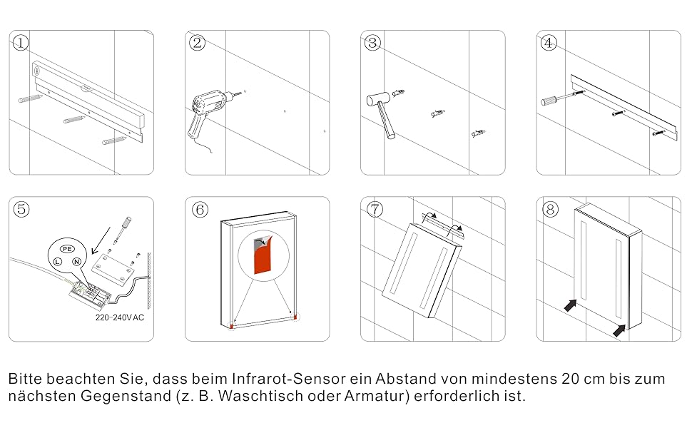 Дзеркальна шафа для ванної кімнати AQUABATOS з розеткою та підсвічуванням LED, 50x70 см, шафа для ванної кімнати, дзеркало з інфрачервовим датчиком, регульоване освітлення, антизапар, холодний білий колір світла, алюмінієва шафа, двостороннє дзеркало