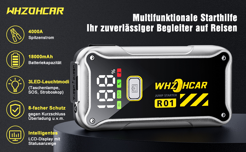 Powerbank Starthilfe 4000A: портативний пусковий пристрій для автомобіля 12V з LCD дисплеєм та LED ліхтариком. Підходить для бензинових (9.0L) та дизельних (7.5L) двигунів. Ідеально для SUV, мотоциклів та газонокосарок. Чорний колір.