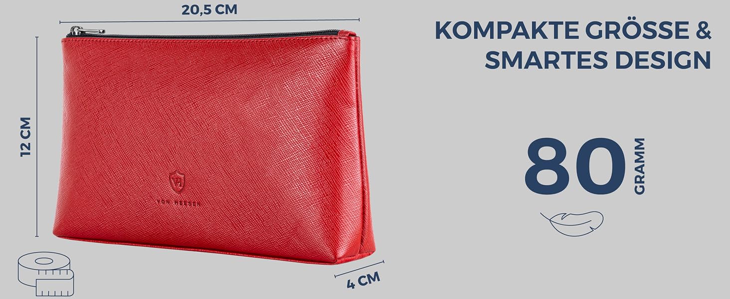 Шкіряна косметичка VON HEESEN для жінок та чоловіків, дорожня сумка для аксесуарів та засобів гігієни з натуральної шкіри Saffiano, червона