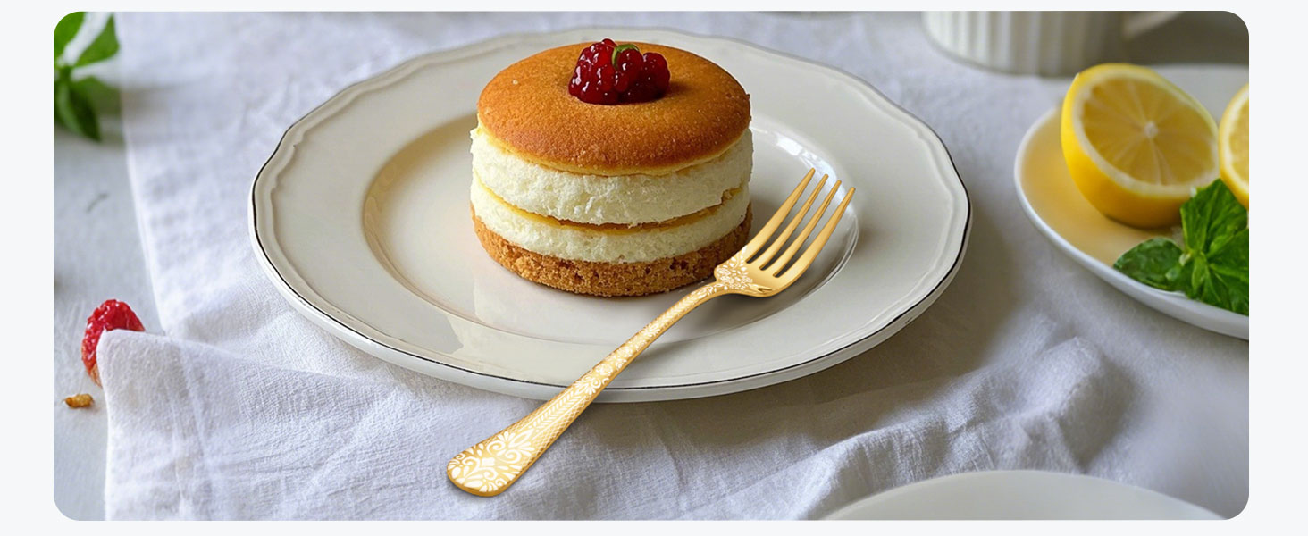 Набір столових приборів на 6 осіб HONKKU, нержавіюча сталь, з ножами для стейку, миючий посуду, з квітковим візерунком (30 предметів, золотий)