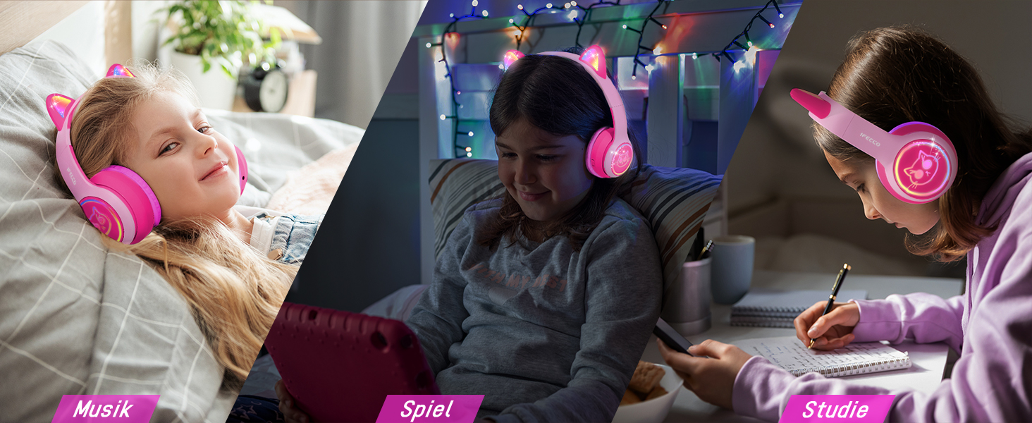 Дитячі бездротові навушники IFecco з мікрофоном, Bluetooth, LED, котячі вушка (рожевий)