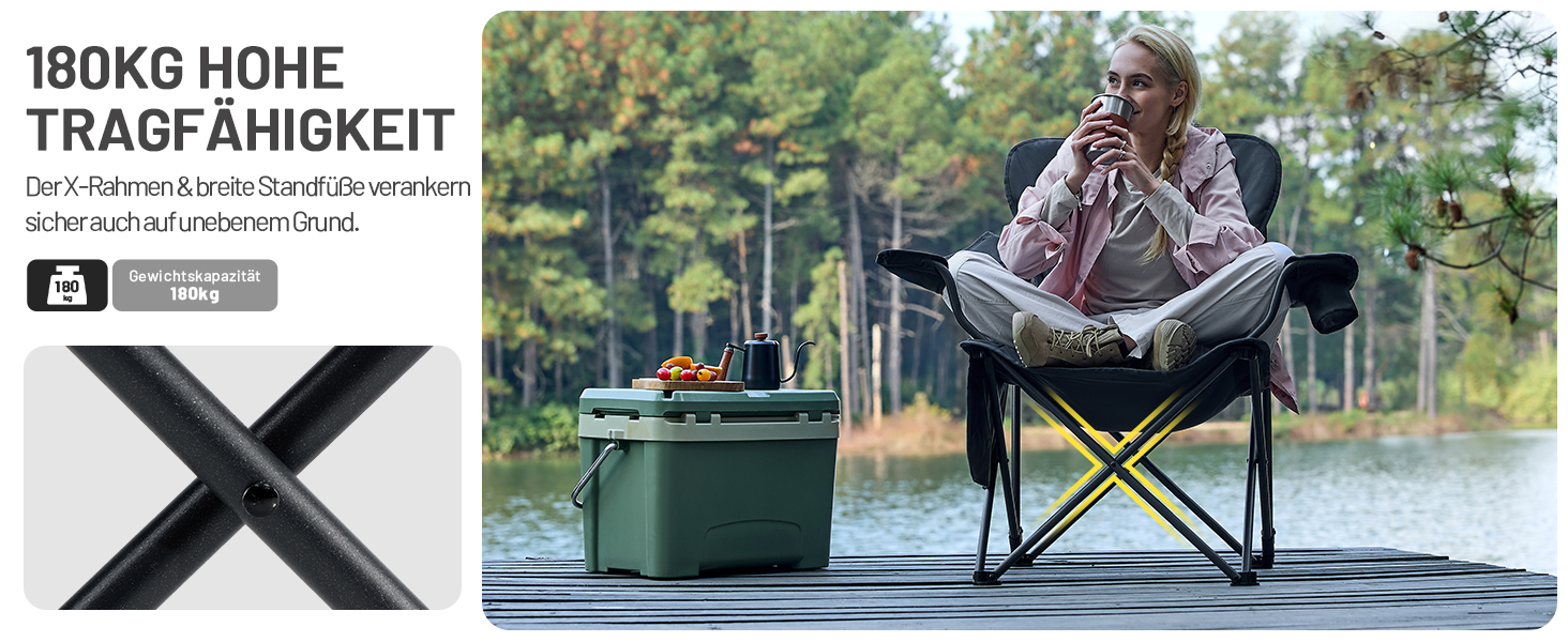 Кемпінговий стілець Timber Ridge складаний, до 180 кг, з регурованою спинкою (3 положення), підлокотниками, тримачем для напоїв та бічною кишенею, ширина сидіння 62 см