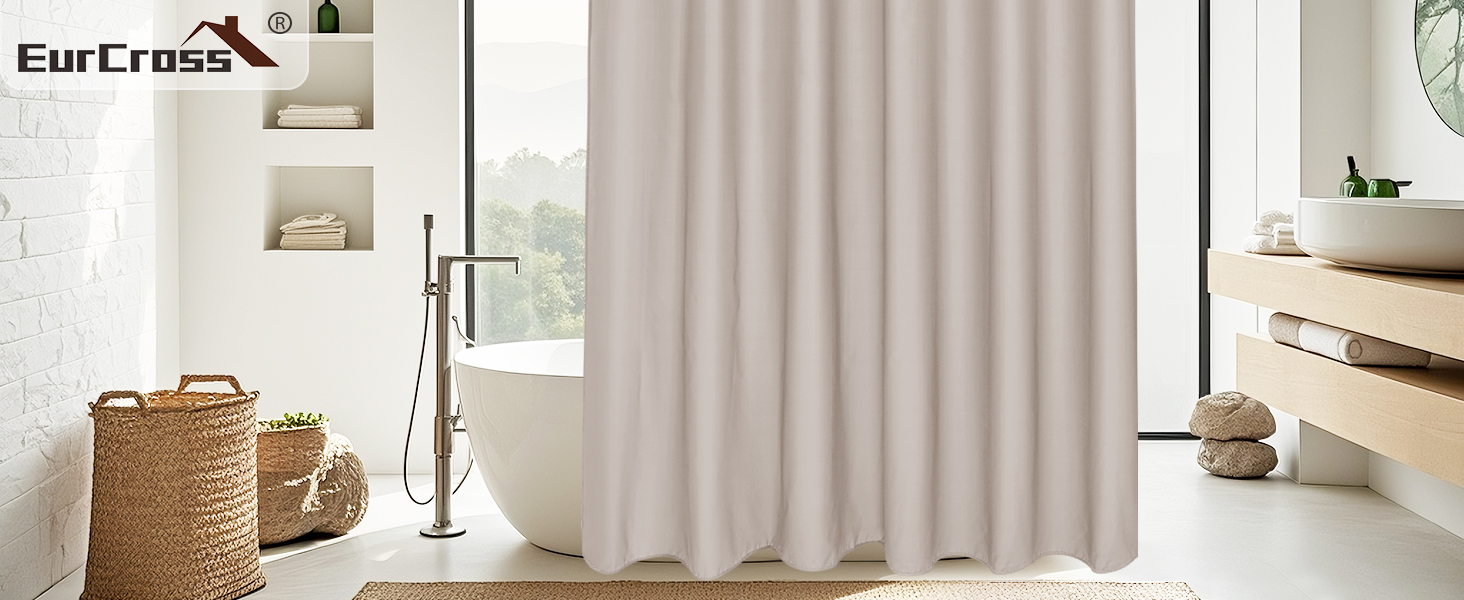 Штора для душу EurCross 180x200 см, текстильна, водонепроникна, бежева. З антигрибковим покриттям, машинне прання, з 12 кільцями