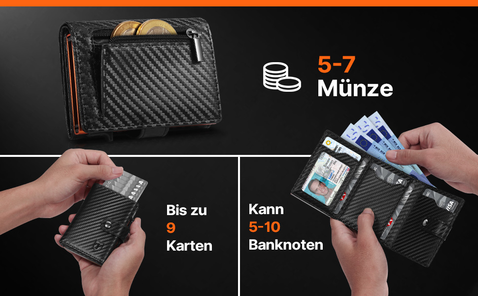 Чоловічий гаманець Tomylv з RFID захистом, стильний, з карбонової шкіри, двостороній, чорний & помаранчевий