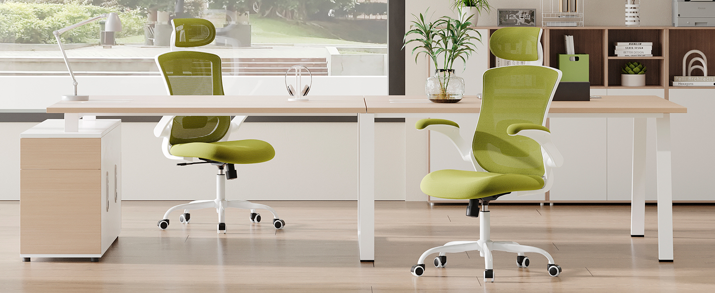 Офісне крісло Colamy з ергономічною підтримкою спини, регульованою підголівником та поперековою підтримкою, поворотне, (Зелений, Classic)