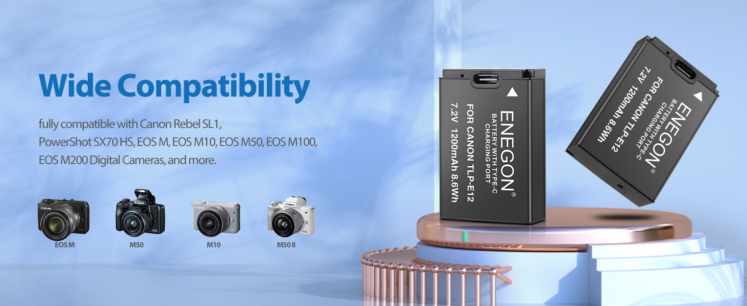 Акумулятори ENEGON LP-E12 1200mAh для Canon EOS M50, M50 Mark II, M, M2, M10, M100, M200, Rebel SL1, 100D, Kiss X7, PowerShot SX70 HS
