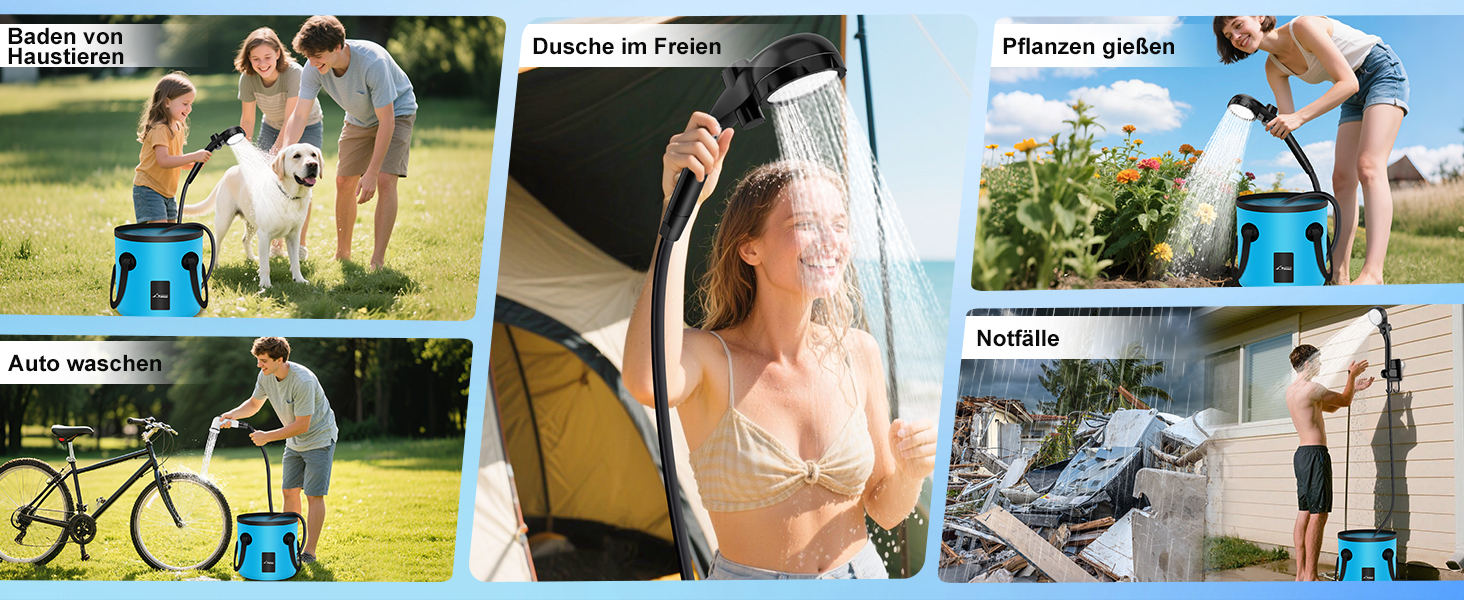 Портативна душова кабіна WADEO з акумулятором, помпою та підсвічуванням, 120 хвилин роботи, LED-ліхтар, мобільний душ-сет з 2м шлангом, душовою насадкою, тримачем та відром для саду, миття автомобіля, домашніх тварин, пляжу, подорожей (Блакитний, з відром 20л)