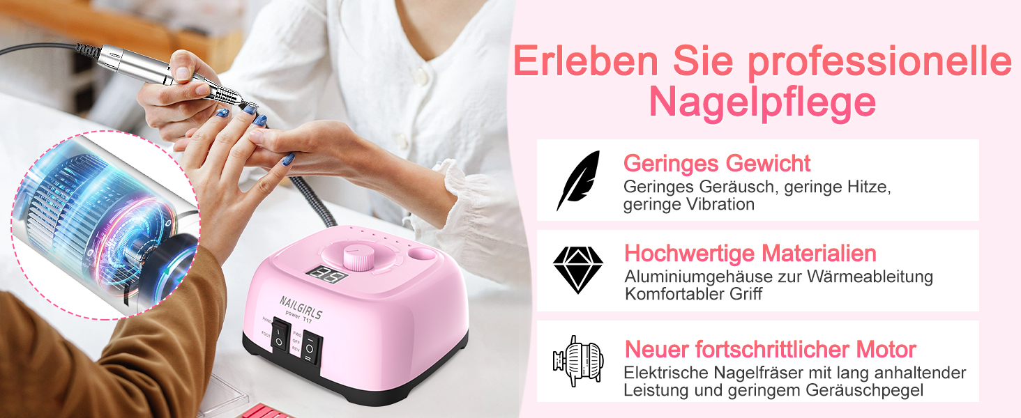 Електричний фрезер для нігтів Nailgirls 11 в 1 з педаллю, 35000 об/хв, для гель-лаку, манікюру та педикюру (Рожевий)