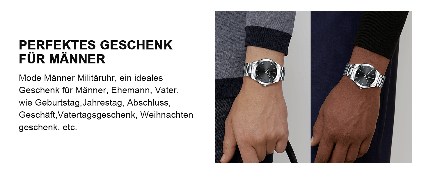 Годинник чоловічий LENQIN з нержавіючої сталі, аналоговий кварцовий годинник, водостійкий (30м), для бізнесу та повсякденного носіння, срібно-чорний (02)