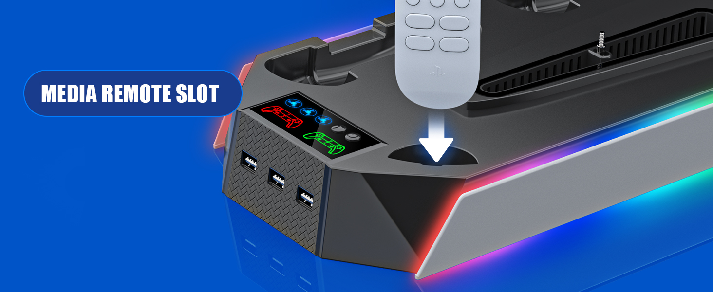 Підставка для PS5 Slim/Pro з зарядною станцією для контролера PlayStation 5 (Disc/Digital), аксесуари PS5 з RGB підсвіткою, вентилятор, тримач для навушників, USB хаб, чорно-білий, Q511