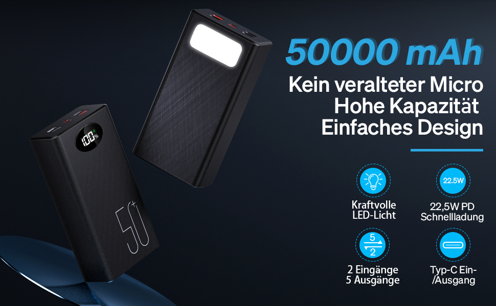 Портативний повербанк 50000 мАг з 5 виходами та 2 входами, швидка зарядка 22,5 Вт, ліхтарик, чорний