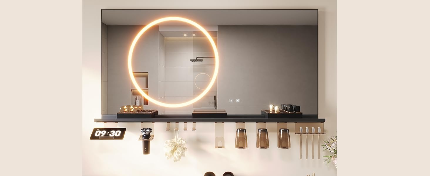 Дзеркало для ванної кімнати SONNI з підсвічуванням 120x60 см, 3 кольори світла, антизапар, годинник, температура, LED, сенсорне керування, білий