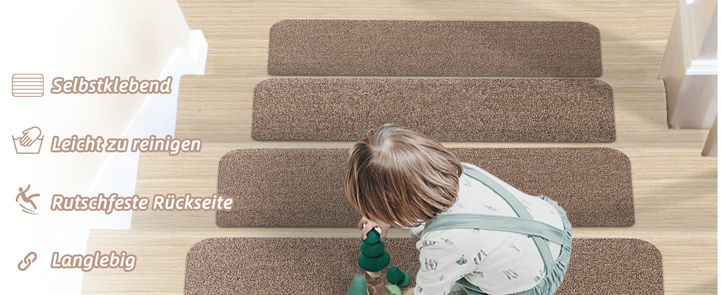 Компактні килимки для сходів COSY HOMEER, 15 шт., 70x22 см, самоклеючі, машинне прання, 100% поліестер, TPE-підкладка, безпека для дітей та домашніх тварин, бежевий колір
