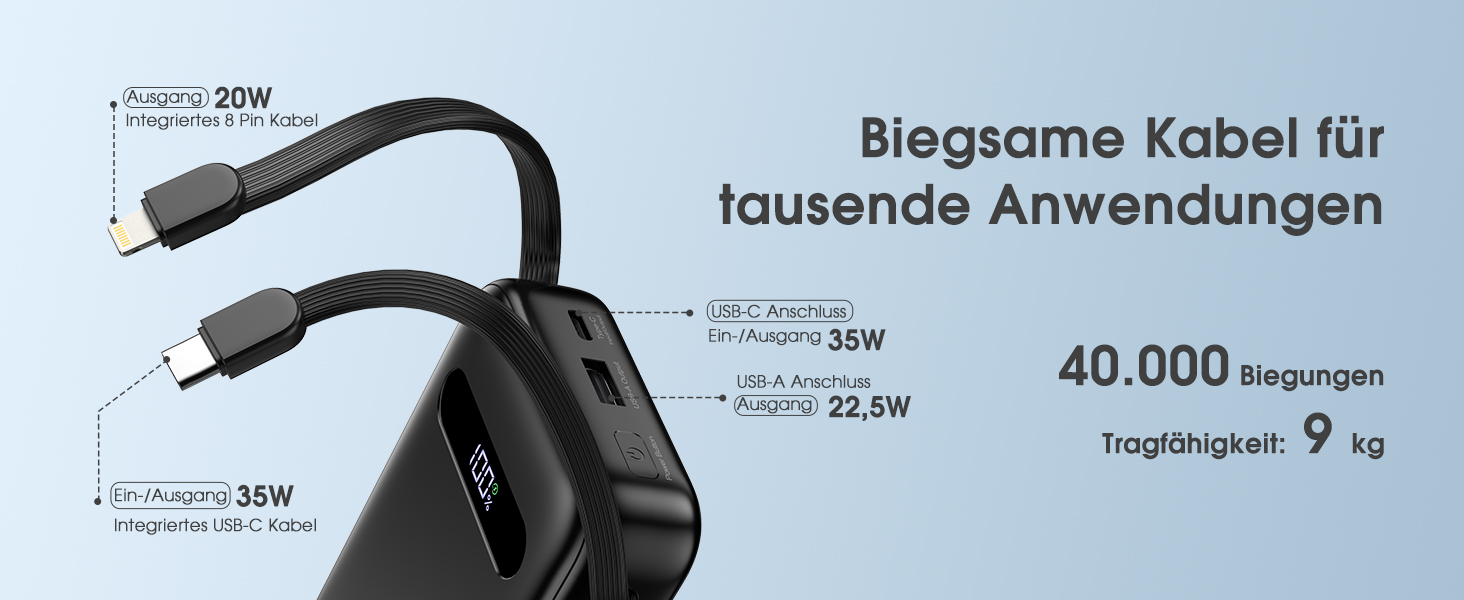 Powerbank 20000mAh з PD 35W, USB-C кабель, LED дисплеєм та 8 Pin кабелем. Чорний акумулятор для iPhone, iPad, Samsung Galaxy, Huawei та інших пристроїв