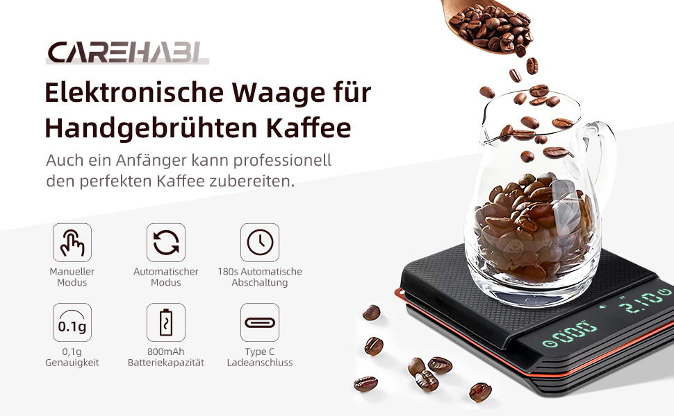 Кухонні ваги Carehabi з таймером, 0.1г, прецизійна вага для еспресо, 2 кг, з силіконовим підігрівачем, перезаряджувана