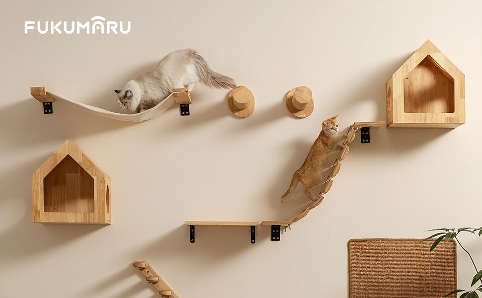 FUKUMARU настінний гамак для котів, 91x33 см, міст з натурального масиву гевеї, настінне ліжко для котів, DIY котячий хайвей, котяча стіна