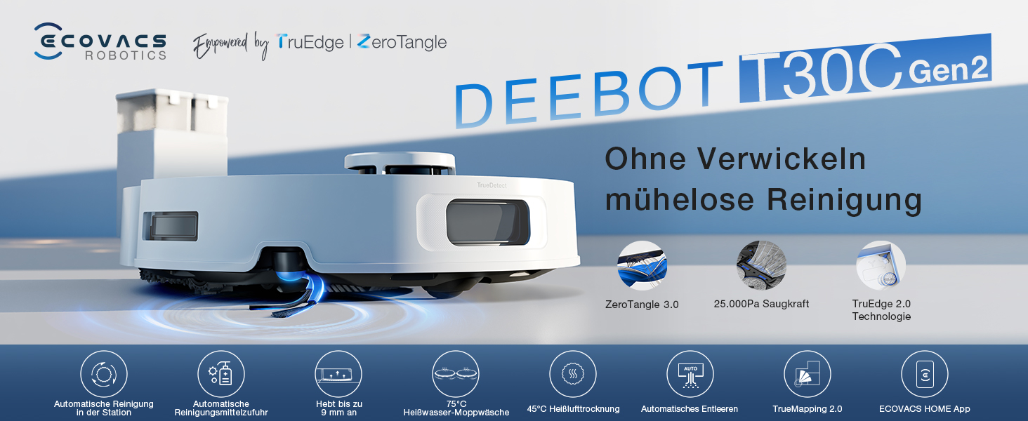 Робот-пилосос ECOVACS DEEBOT T30S PRO з функцією миття, 11000 Па, технологія ZeroTangle, миття гарячою водою 70°C, TruEdge™ для миття країв, акумулятор 6400mAh, AI-уникнення перешкод (T30C OMNI Gen2 W)