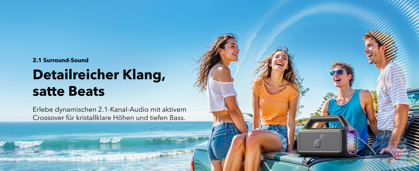 Soundcore Boom 2 - портативна Bluetooth колонка, 80W, сабвуфер, LED, IPX7, USB-C, EQ, BT 5.3, для кемпінгу, пляжу, саду, чорна