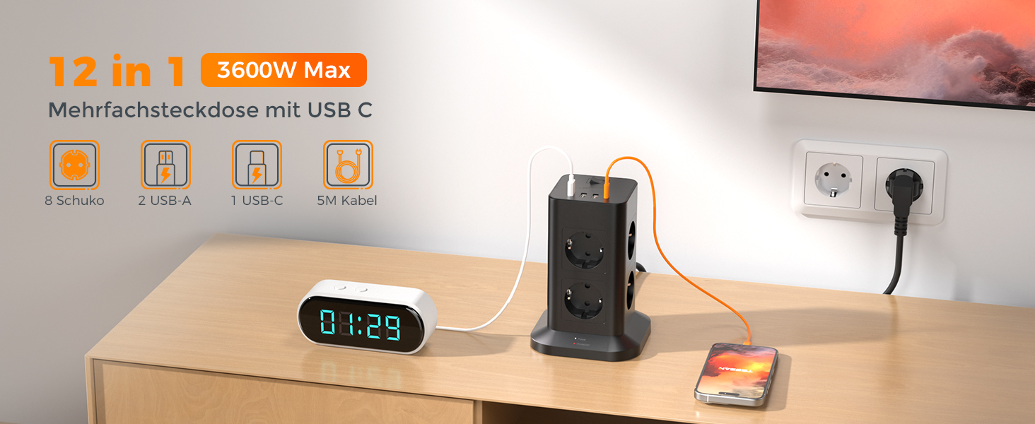 Розподільник розеток TESSAN з 8 розеток, 2 USB-C, захистом від перенапруги, 4 USB, вимикачем та кабелем 2м (3600W) для офісу (сірий/білий)