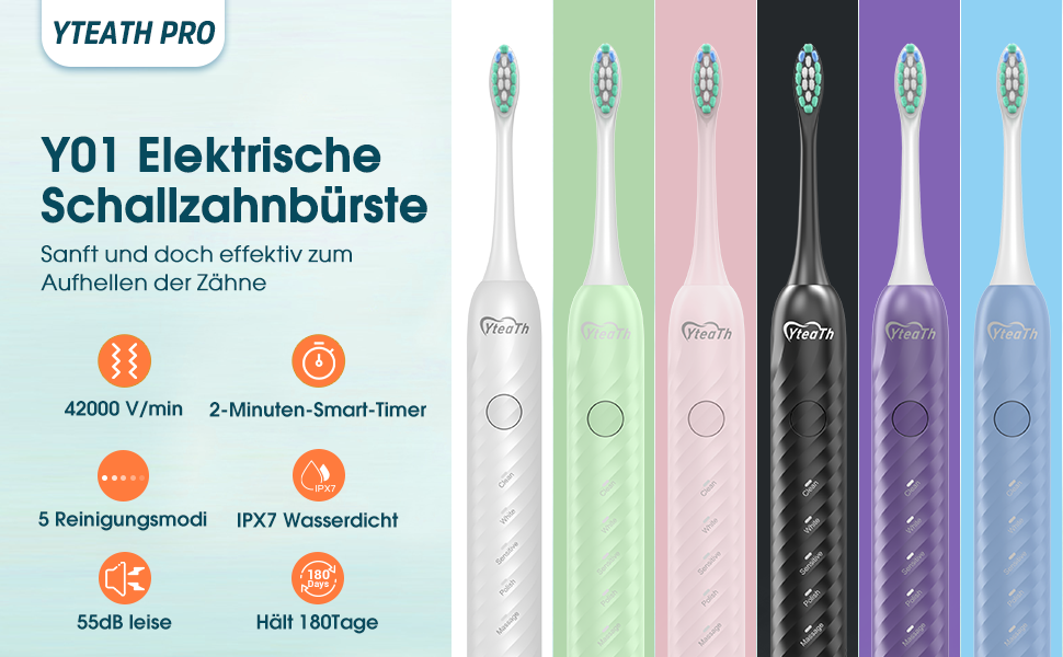 Електрична зубна щітка для дорослих з 6 насадками, акумуляторна звукова, 180 днів роботи, світло-зелена