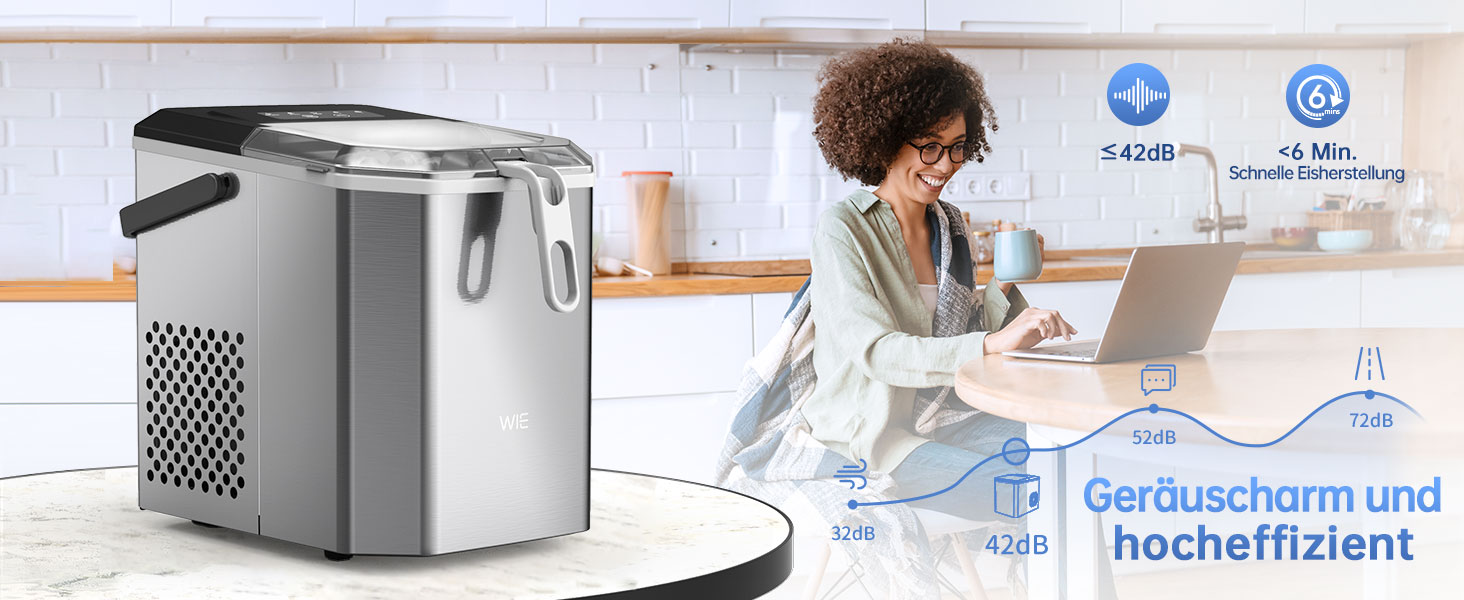 Машина для приготування льоду WIE 1.3 л з лопаткою, 9 кубиків за 6 хвилин, тиха, самоочисна, для кухні, офісу, бару, вечірки (срібна)
