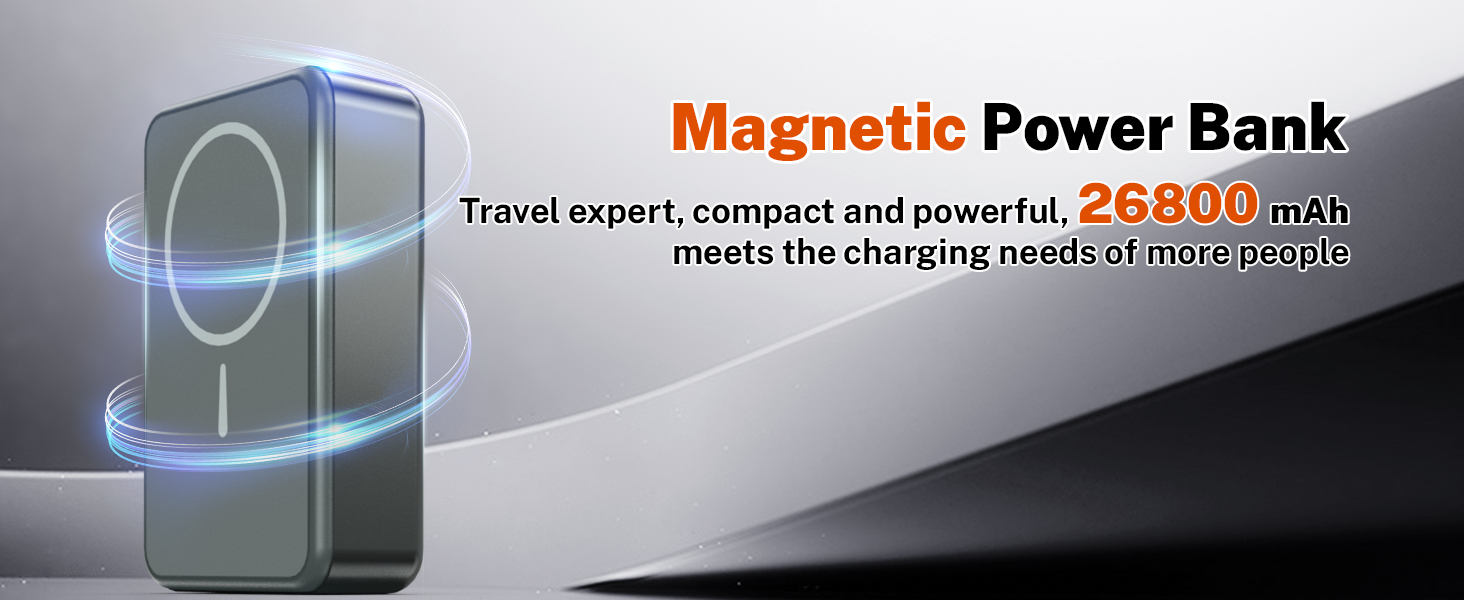 Магнітний портативний Power Bank 26800mAh з USB-C, для iPhone та Android (сірий метал)