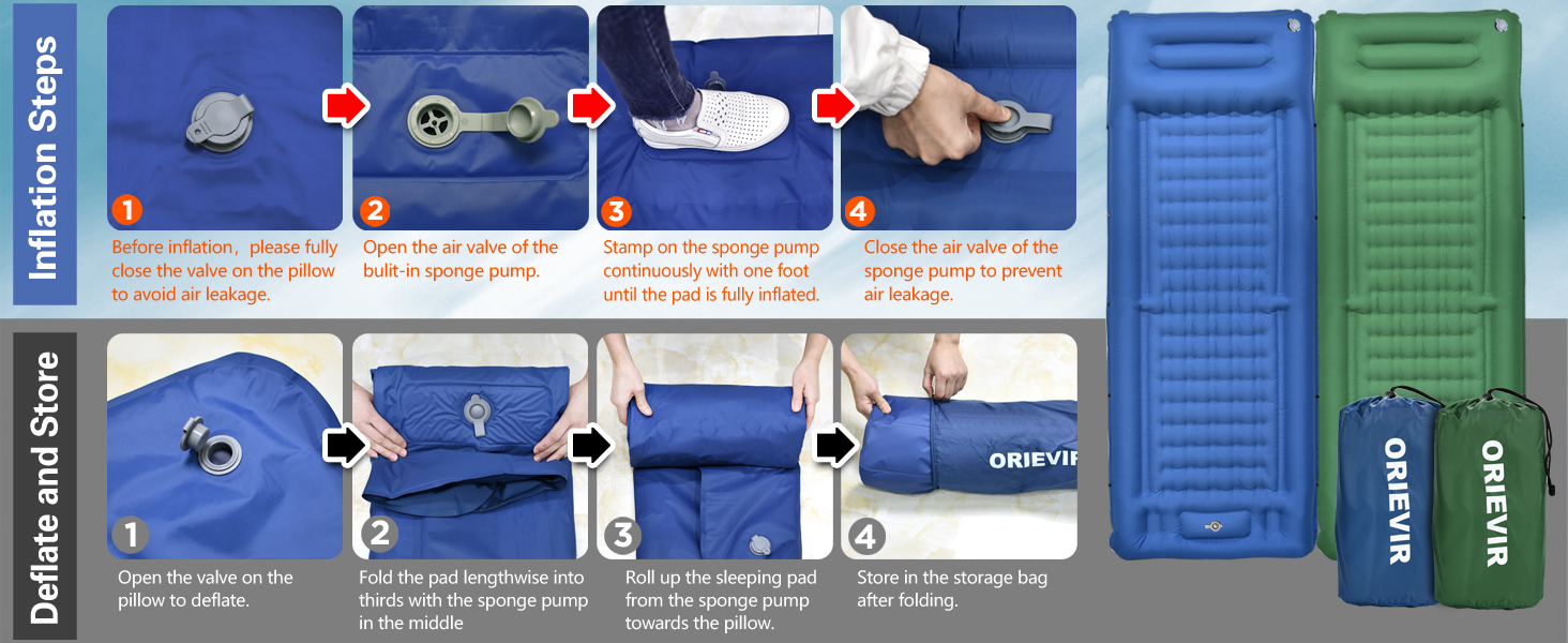 Isomatte ORIEVIR для кемпінгу та подорожей: товста 12 см, з подушкою та насосом, ультралегка, зелена