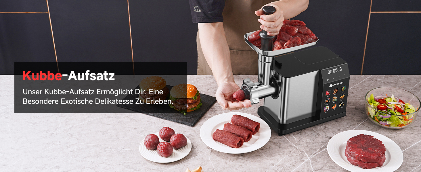 М'ясорубка електрична AAOBOSI 3000W з LED-дисплеєм, 3 швидкості, анти-затор, контейнер для зберігання, для ковбас та кібе, срібляста