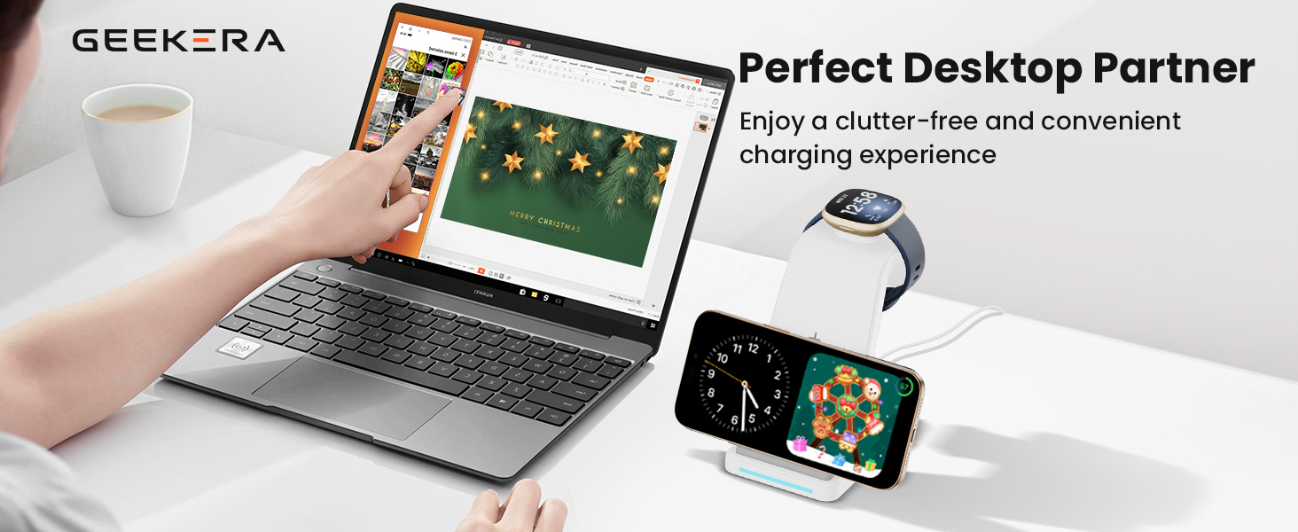 GEEKERA 3-в-1 Бездротова Зарядка для Google Pixel Watch 3/2, Fitbit Versa 4/3, Sense 2/Sense, iPhone, Pixel, Samsung – Матове Біле