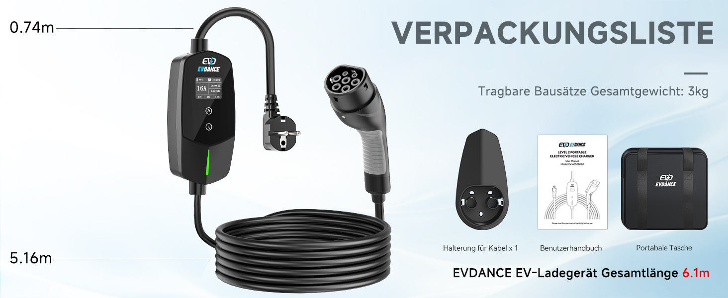 Кабель для зарядки електромобіля Type 2 Schuko 3.68kW (1-фазний, 6.1м, 6-16A) з таймером затримки 0-12 годин, для електромобілів та гібридів (PHEV/EV), чорний