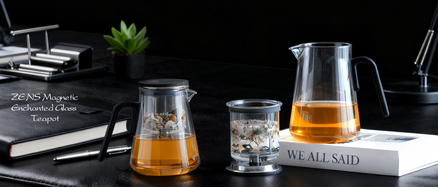 Чайник ZENS Magic з боросилікатного скла з ситом, 800 мл, з магнітним кришкою та ручкою з чорного горіха, для заварювання листового чаю