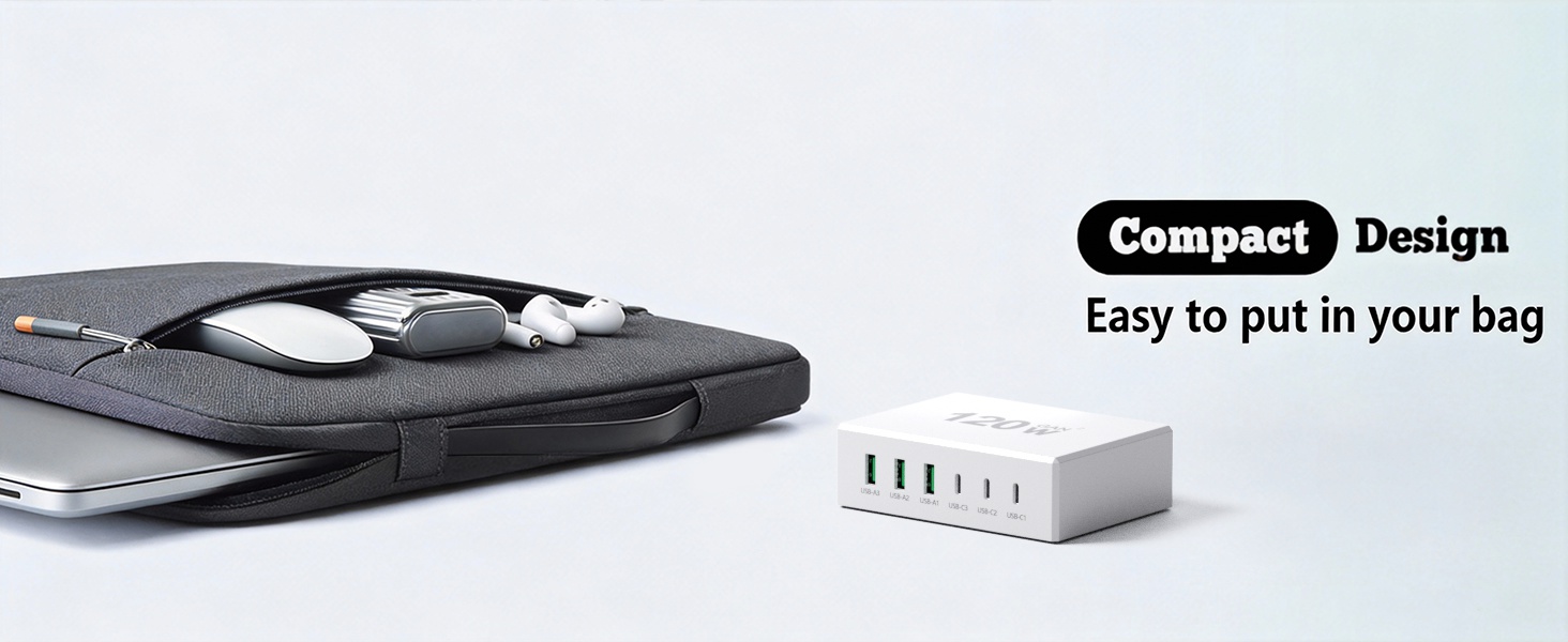 Зарядний пристрій USB-C 120W GaN, 6 портів, для iPhone/Samsung/Google/планшетів, білий