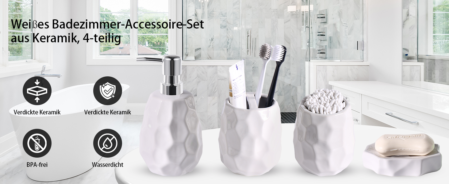 Набір аксесуарів для ванної кімнати, 4 шт: диспенсер для мила, мильниця, тримач для зубних щіток, стаканчик для зубних щіток, органайзер для ванної кімнати, сучасний дизайн (білий)