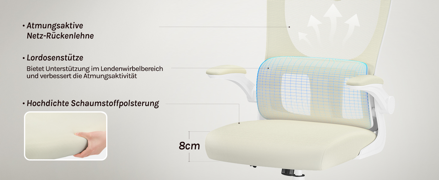Крісло офісне WOLTU ергономічне, крісло для робочого столу з функцією гойдання, регульована підголовник, поворотні підлокітники, підтримка попереку, офісне крісло для офісу, витримує 150 кг (Бежевий)