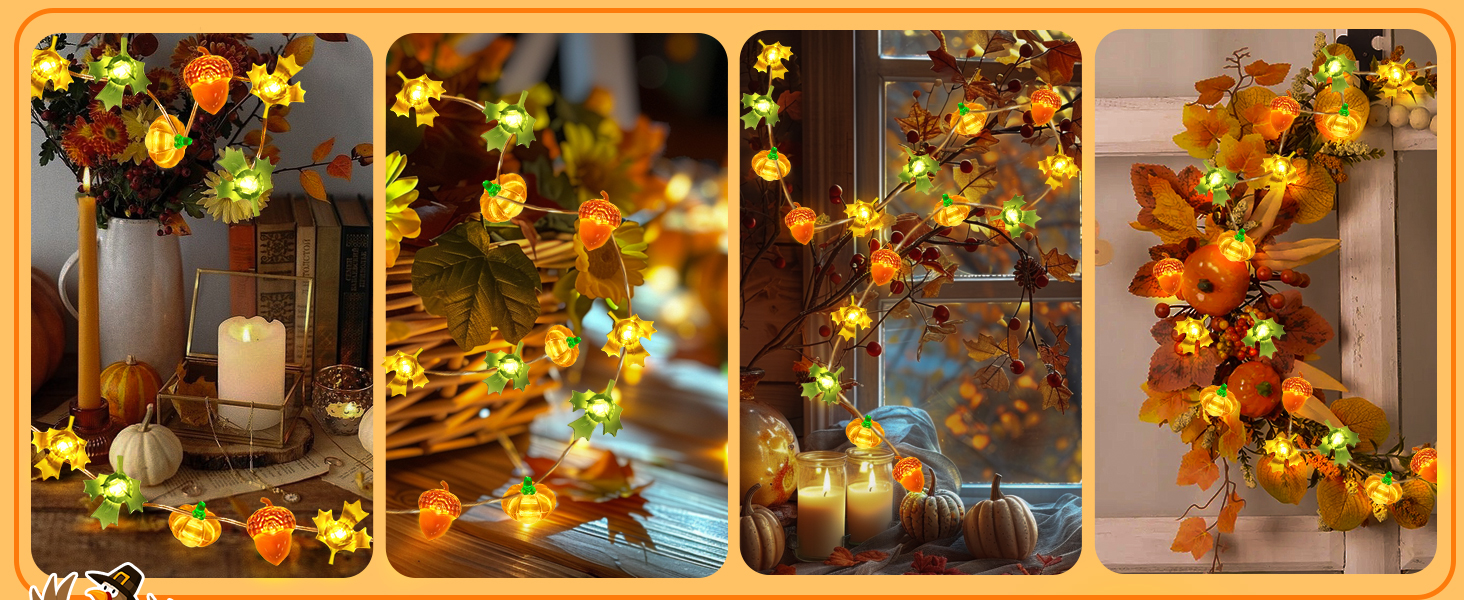 Льорочка декоративна LED, 3м, 30LED, з гарбузами, кленовим листям та жолудями для прикраси інтер'єру та екстер'єру, на батарейках. Ідеально для осіннього декору, Дня подяки, Хелловіну.