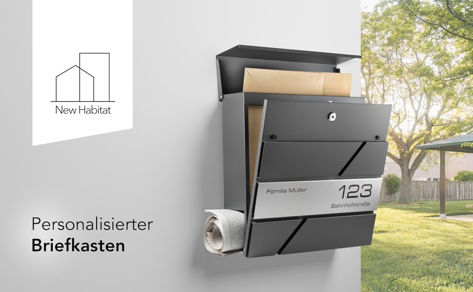 Сучасна поштова скринька антрацит з газетницею та гравіюванням: індивідуальне виготовлення з нержавіючої сталі, номер будинку та табличка з іменем. Стійка до іржі та УФ-випромінювання, з монтажним комплектом.