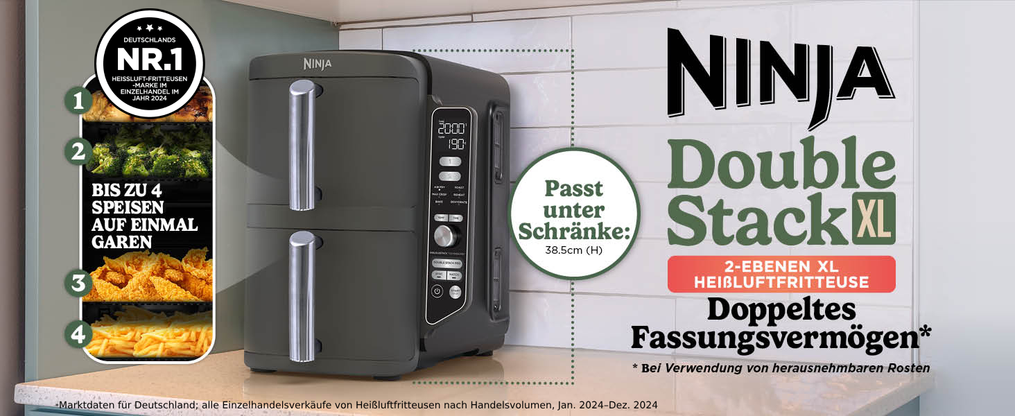 Фритюрниця повітряна Ninja Double Stack XL 9.5L, сіра, з подвійним кошиком, 6 функцій, 8 порцій