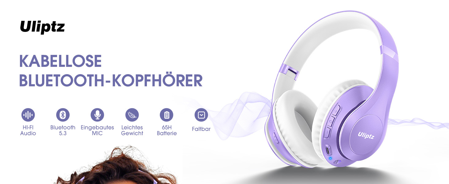 Бездротові навушники Uliptz Bluetooth Over Ear: 65 годин роботи, 6 EQ-режимів, HiFi стерео, складна конструкція, для подорожей/офісу/телефону/ПК (фіолетовий)